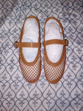 Women’s Tan Mesh Mary Jane Flats with Buckle Strap